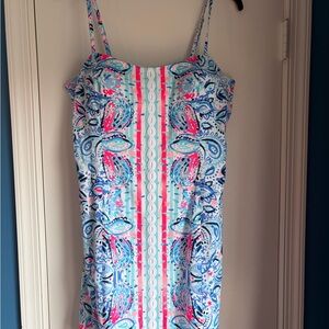 Lilly Pulitzer Shelli Stretch Shift Dress Blue & Pink Paisley Spaghetti-Strap
